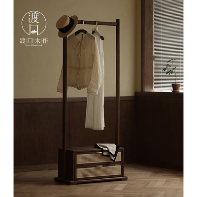 渡口木作 北欧实木衣帽架落地置物架现代简N约黑胡桃木卧室挂衣架