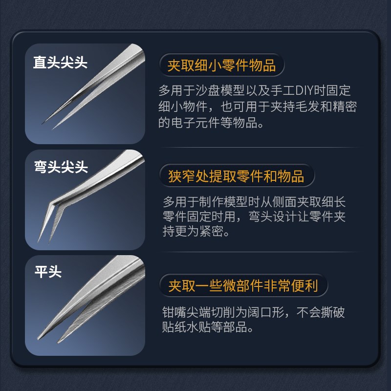 司特力高达不锈钢模型镊子高精密弯头夹子军模工具工业夹水贴镊子