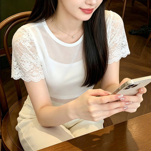 夏季网纱蕾丝镂空短袖打底衫女