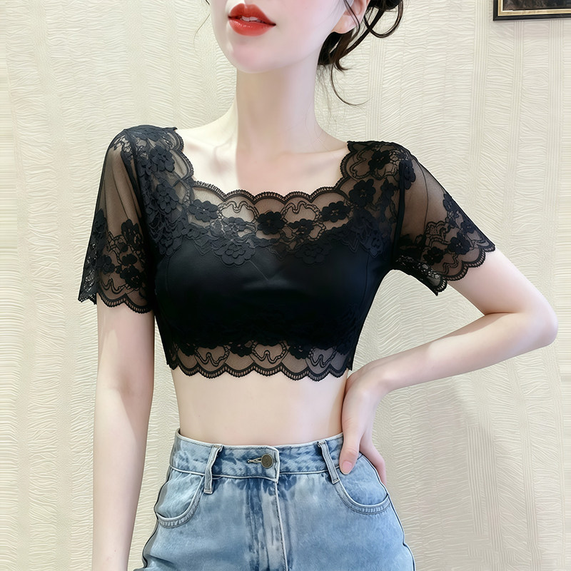 女士夏季薄优雅百搭高级感抹胸短袖减龄蕾丝一字方领打底衫短内搭图片