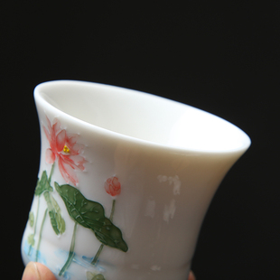 陶瓷功夫茶杯双层不烫手手绘品茗杯主人杯德化白瓷手绘茶具家用杯