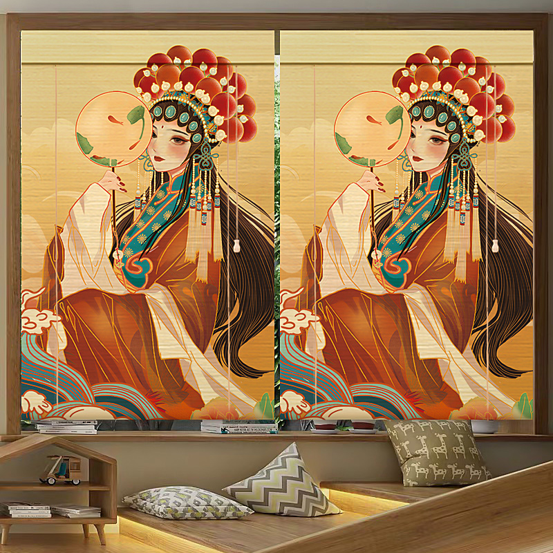 中式窗帘复古国潮戏曲人物竹帘卷C帘手拉式隔断门帘印花挂帘遮阳
