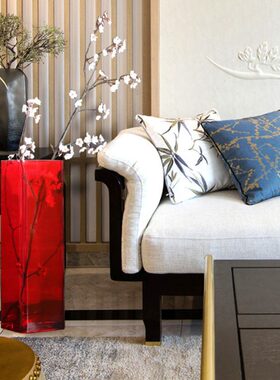 大红色方口玻璃花瓶客厅落地插花摆件简约家居饰品水培富贵竹花瓶