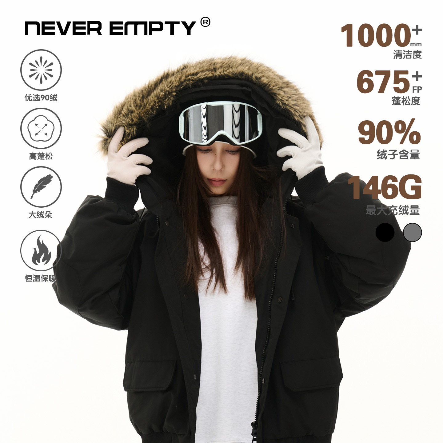 NEVEREMPTY可拆卸大毛领羽绒服