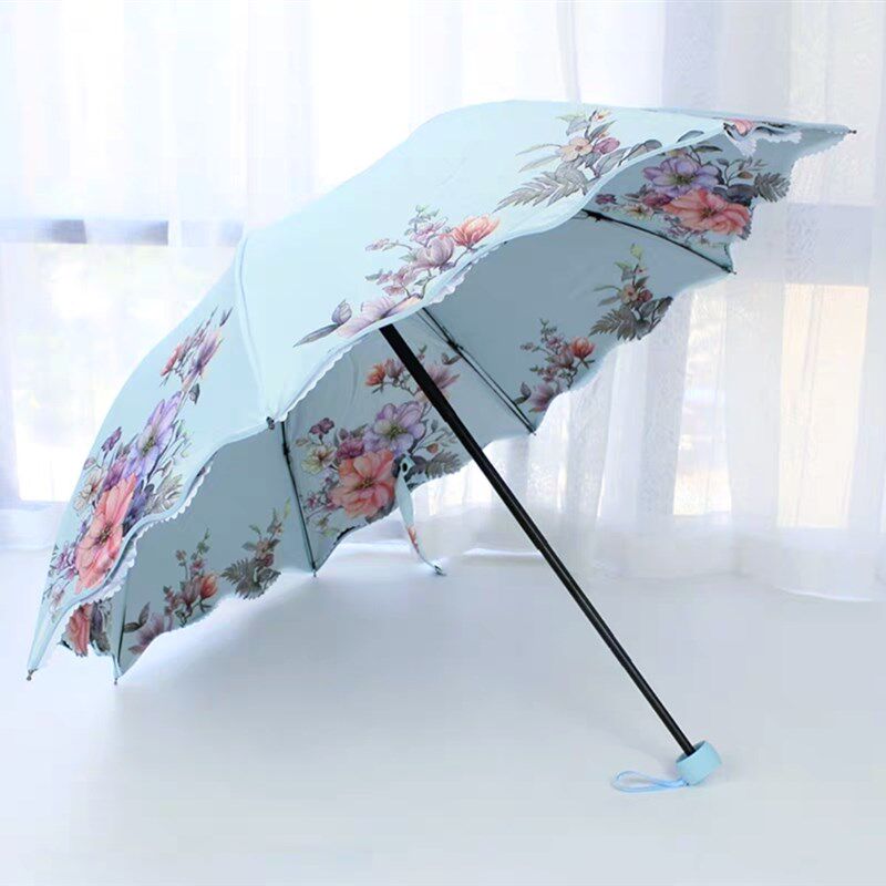 伞晴雨两用太阳伞女款双层防紫外线黑胶防晒三折波浪边韩版遮阳伞