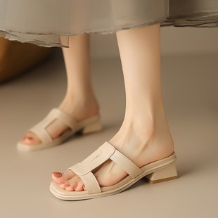 外穿大码 小码 女夏季 女鞋 41—4 3d13233小众粗跟百搭杏色中跟凉拖鞋