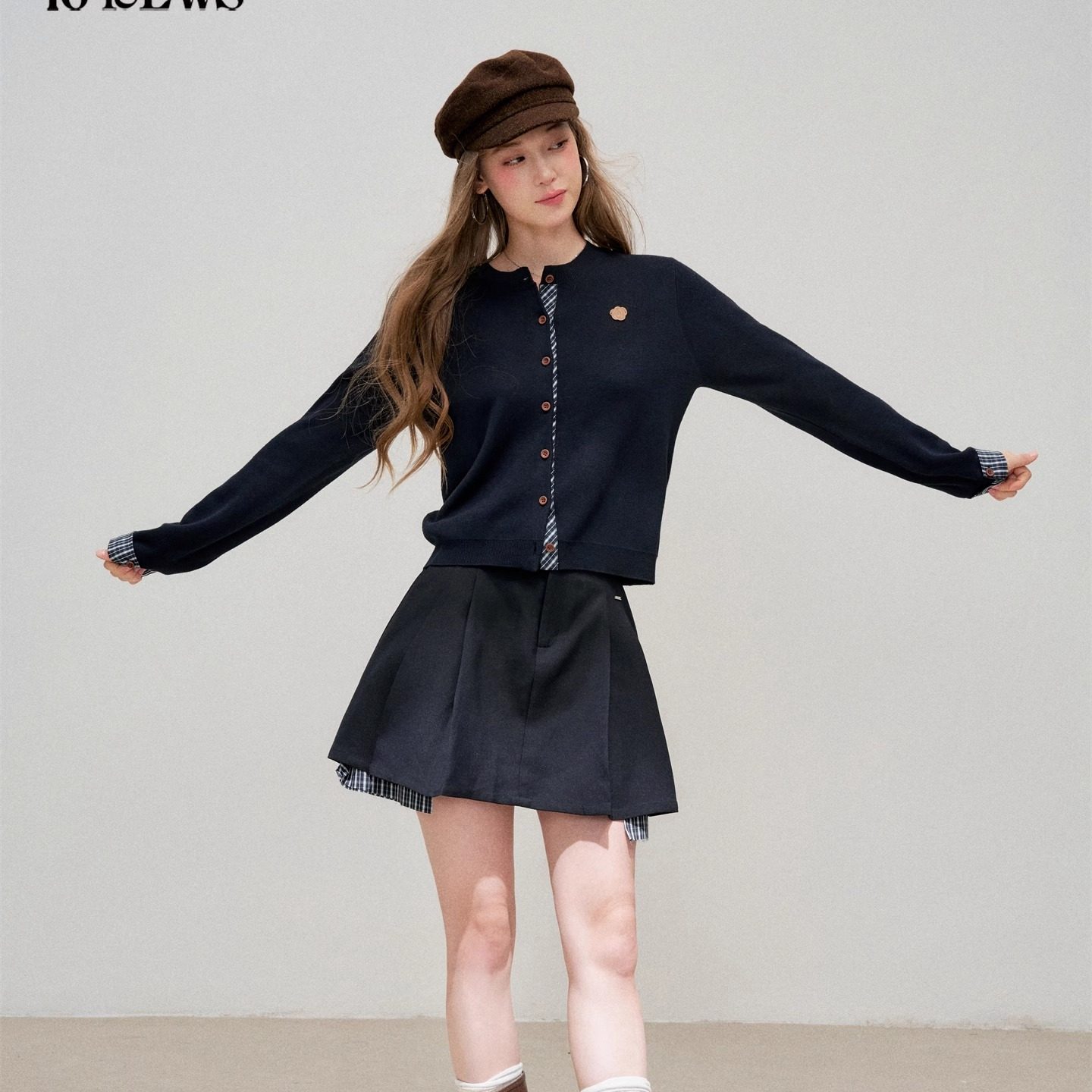 纹拼接圆领开衫压褶A字半身裙