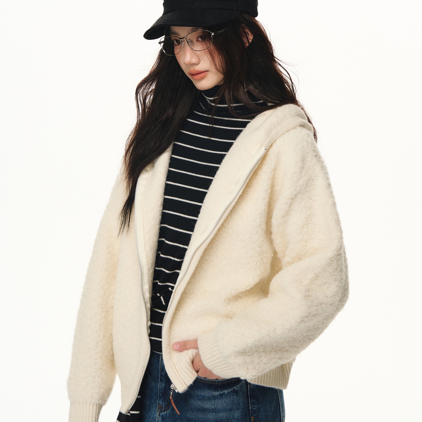 圈圈羊羔毛连帽毛衣开衫