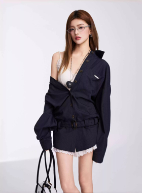 OTEBANBASS腰带条纹衬衫女宽松时尚气质中长款藏蓝色慵懒衬衣裙