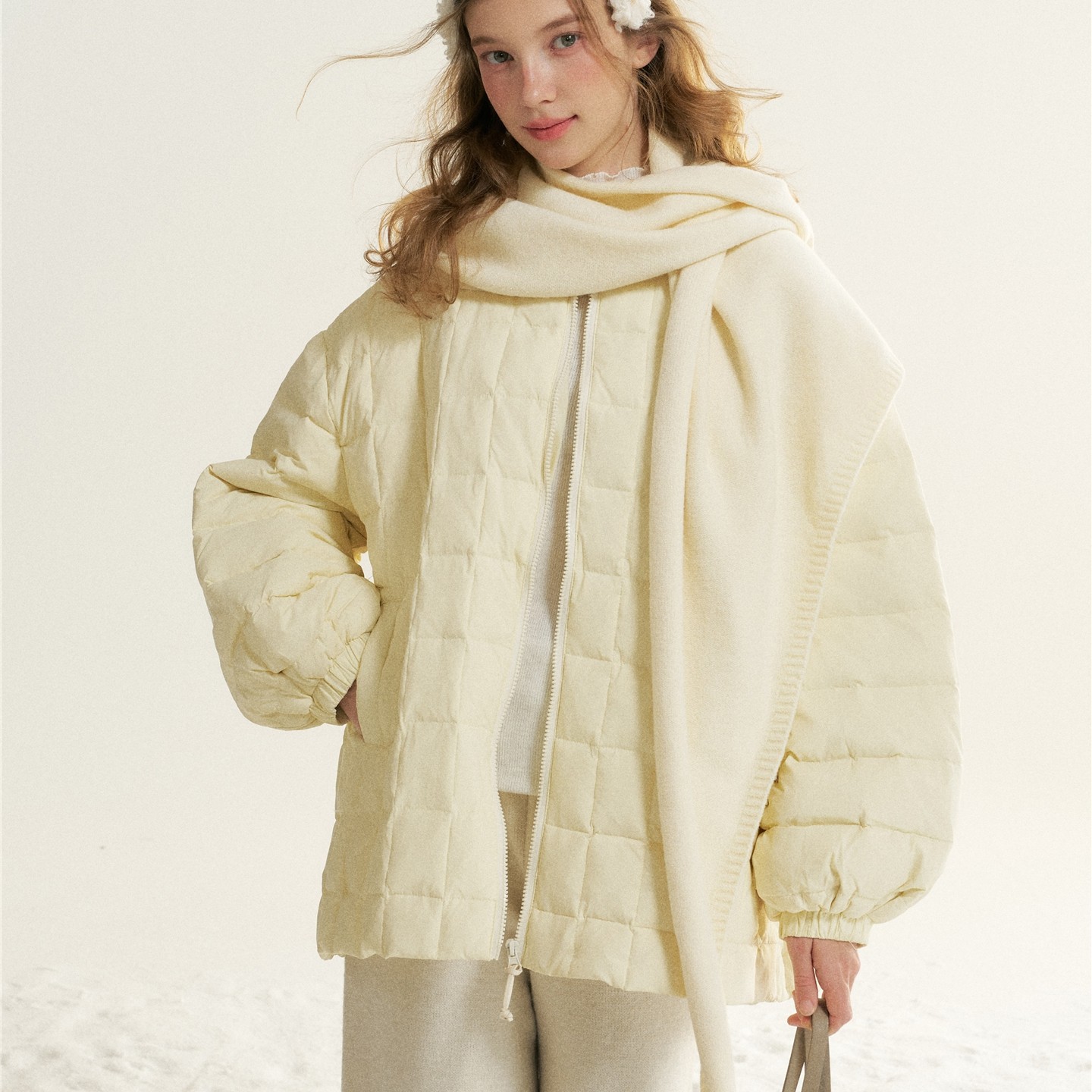 16DEWS授权白鸭绒中长款方格充绒羽绒服配大披肩围巾设计师品牌