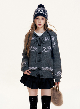 16DEWS 官方授权费尔岛提花牛角扣连帽毛衣外套设计师品牌