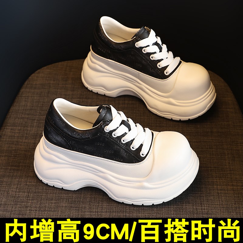 厚底大头小白鞋女松糕9crm系带2025春季爆款超火小个子内增高女鞋