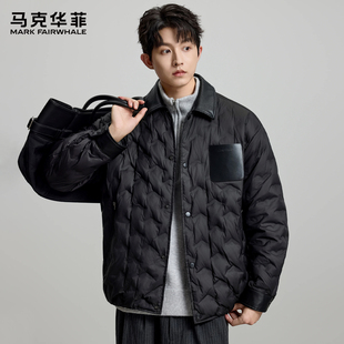 马克华菲老钱风轻薄短款羽绒服男翻领皮标设计感保暖外套黑色