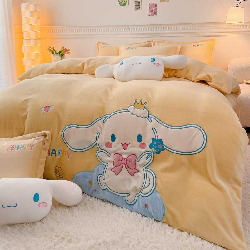 2025高端加厚大版卡通牛奶绒贴布绣刺绣花四件套韩版小