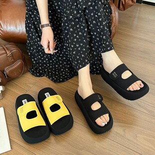 外出拖鞋 女2025新款 夏季 厚底z防滑魔术贴增高布料凉拖度假沙滩鞋