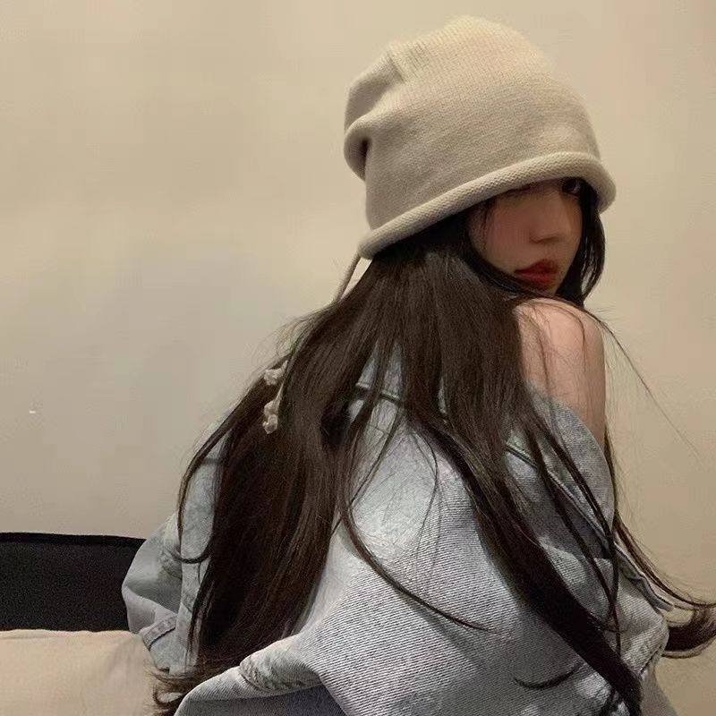 日系抽绳堆堆帽系带毛线帽套头帽