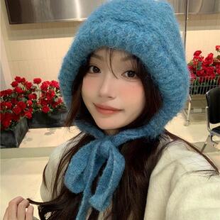 包包正版纯色毛线帽蓝色冬季巴拉克保暖护耳拉法帽加厚帽子针织帽