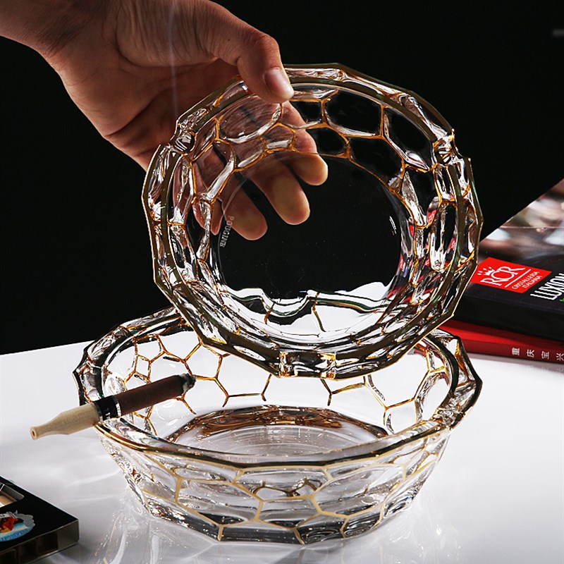 描金水晶玻璃欧式创意家用烟灰缸大小号茶几客厅办公室雪茄烟缸