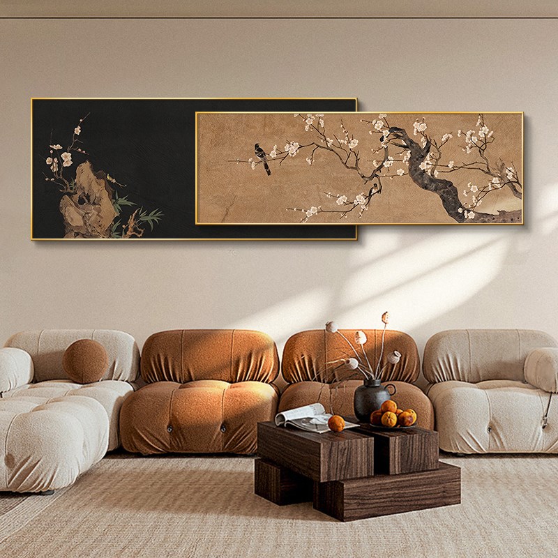 中古风客厅复古花鸟竹子装饰画卧室床头高级感横幅叠加挂画框