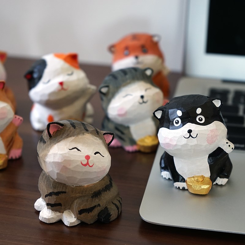 元宝招财萌宠手工木雕小摆件柴犬猫咪木质创意桌面装饰品