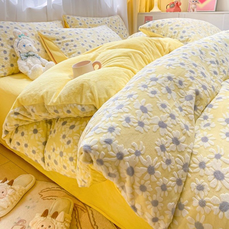四件雕绒冬季加厚珊瑚法兰绒被冬季床上用品三