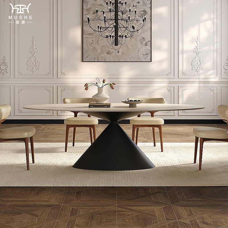 暮奢法式复古洞石岩板餐桌飞碟艺术椭圆形设计师中古风家用餐桌