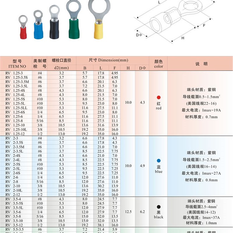 科威RV冷压接线端子RV2-8 铜鼻子 铜线耳 圆形预绝缘端头  1000只