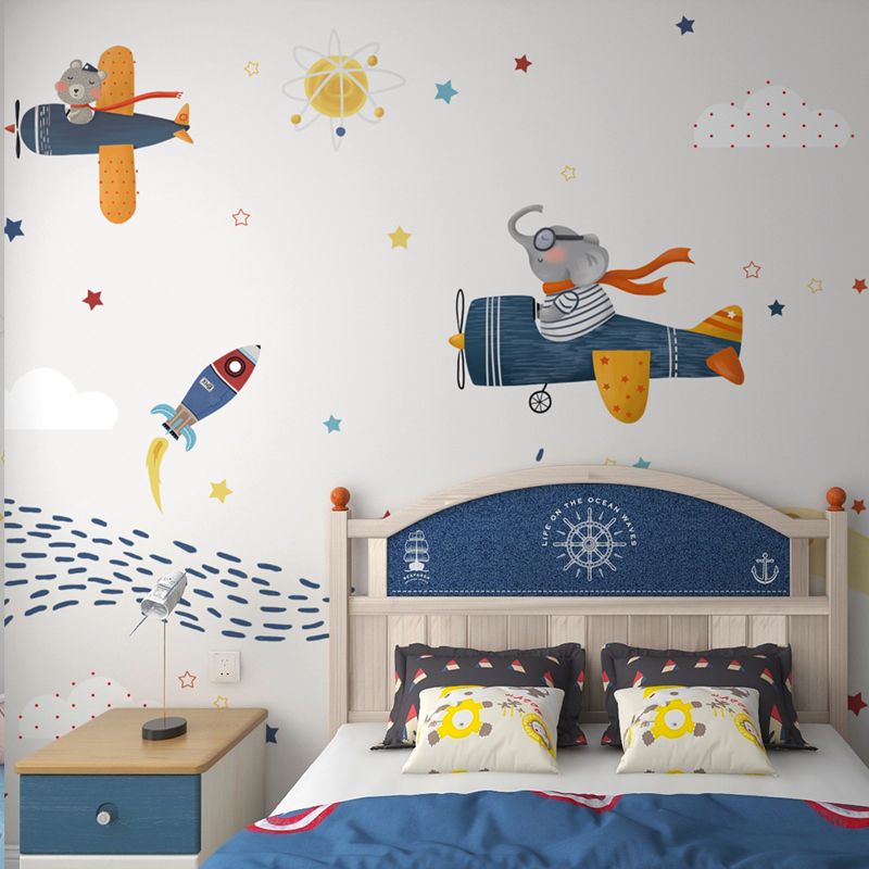 壁纸儿童房男孩卡通飞机墙纸卧室无缝墙布星空壁画定制壁布背景墙