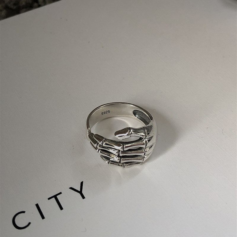 通体S925银五指手爪手掌开口指环暗黑街头复古Q男女同款潮情侣戒