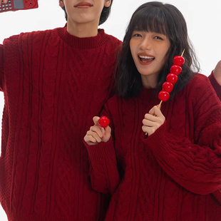 情侣装 2026马年本命年衣服男女新年款 旦毛衣冬季 tfi麻花酒红色元