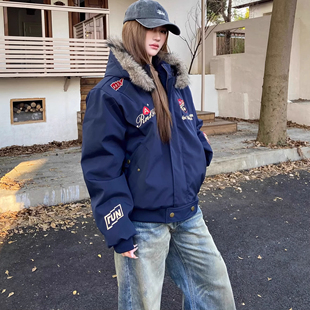 美式 外套上衣 复古cleanfit拉链夹克男女秋冬刺绣字母保暖宽松短款