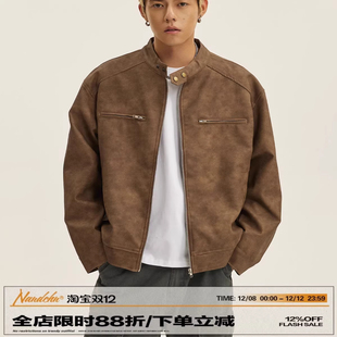 痞帅宽松休闲翻领外套上衣 新款 男道美式 街头机车皮衣夹克男24秋季