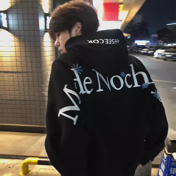 KINDD美式嘻哈背后刺绣字母雪花情侣宽松百搭连帽衫加绒头套卫衣