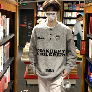 上衣 男女同款 美式 复古徽章亨特领字母毛衣慵懒风设计感针织衫