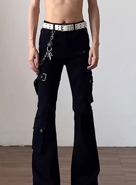 黑色vibe绑带微喇工装牛仔裤男款美式高街弯刀裤子修身提档直筒裤