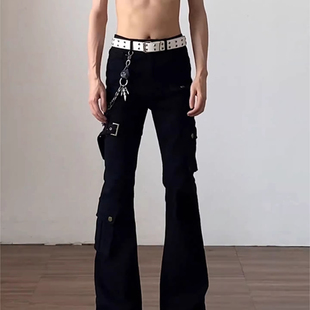美式 男款 高街弯刀裤 子修身 黑色vibe绑带微喇工装 提档直筒裤 牛仔裤