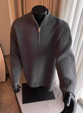 美式风半拉链立领毛衣男灰色厚款保暖针织衫套头上衣