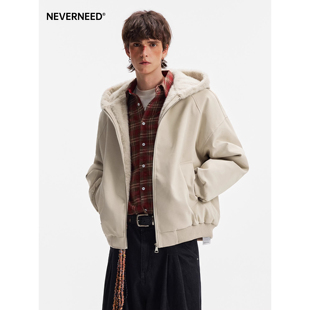 NEVERNEED座山雕连帽棉衣男女冬季 PU皮保暖加厚毛领棉服外套 美式