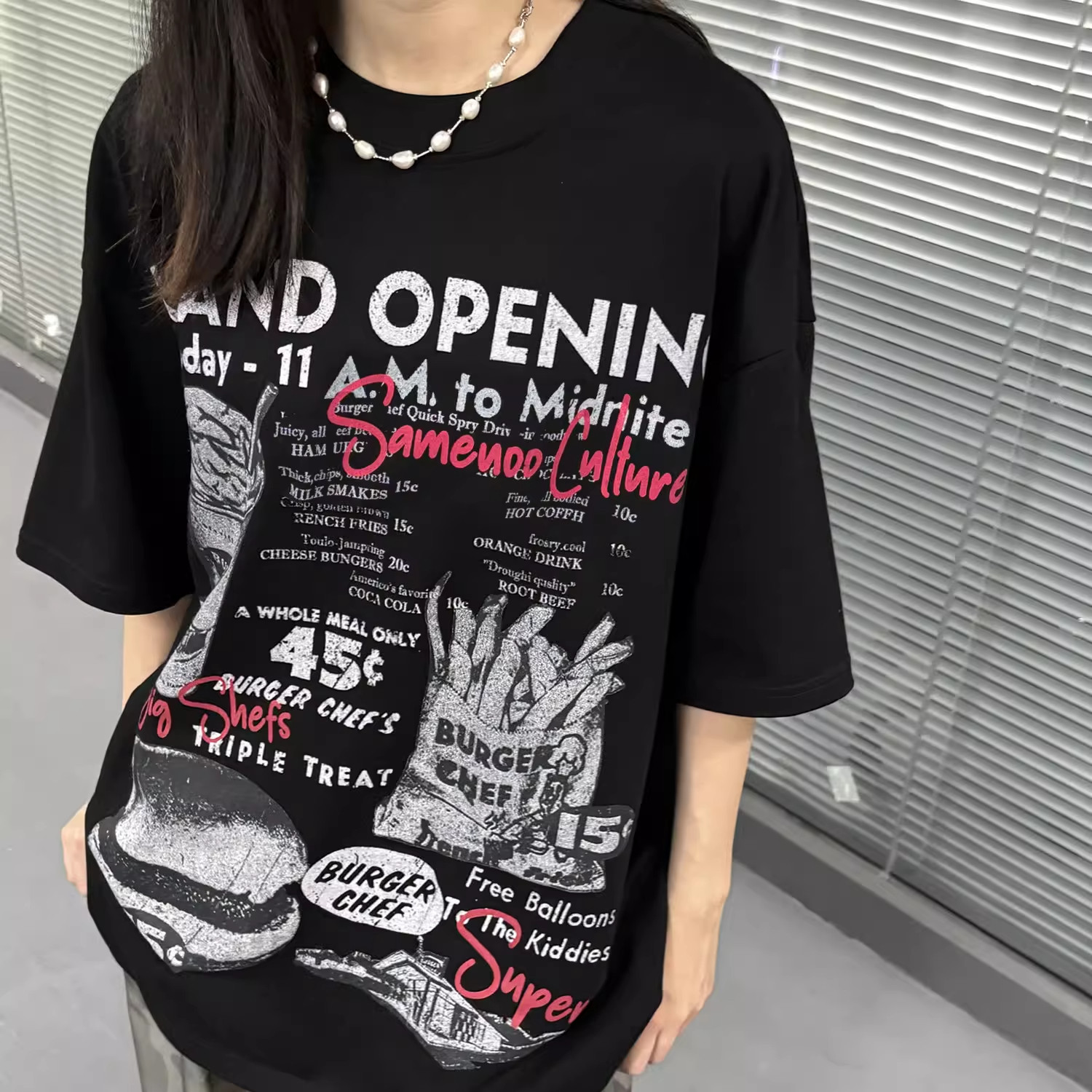 散养文化美式薯条汉堡印花短袖t恤女夏季oversize半袖t中性上衣男