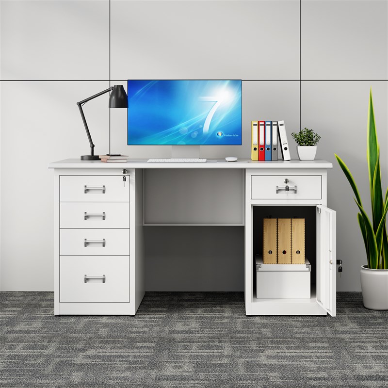 铁皮钢制办公桌员工单人电脑桌子1.4米1.6米财务写字台带锁带抽屉