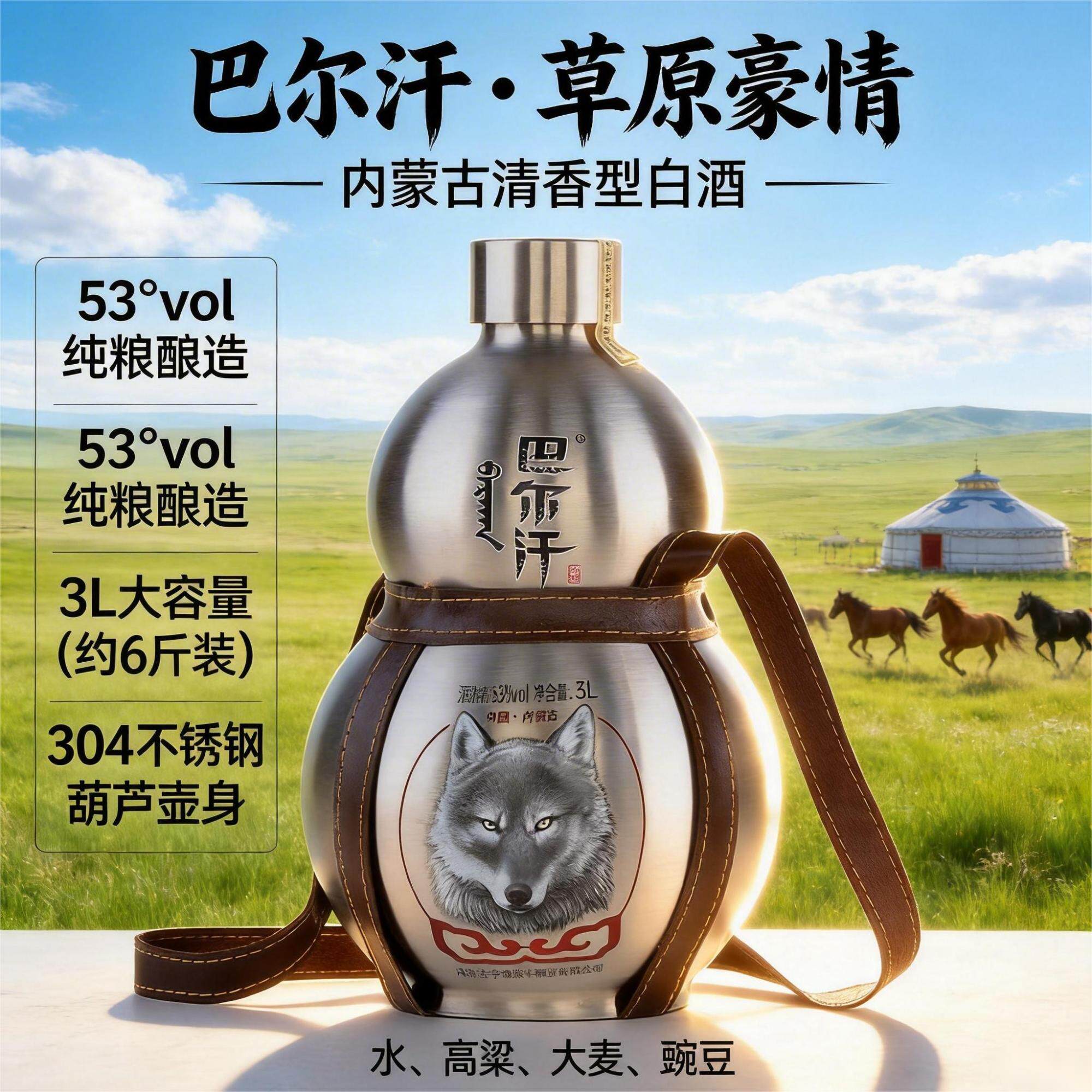 巴尔汗宝葫芦酒清香型53度3L高粱原浆内蒙特产白酒散酒纯粮食酿造