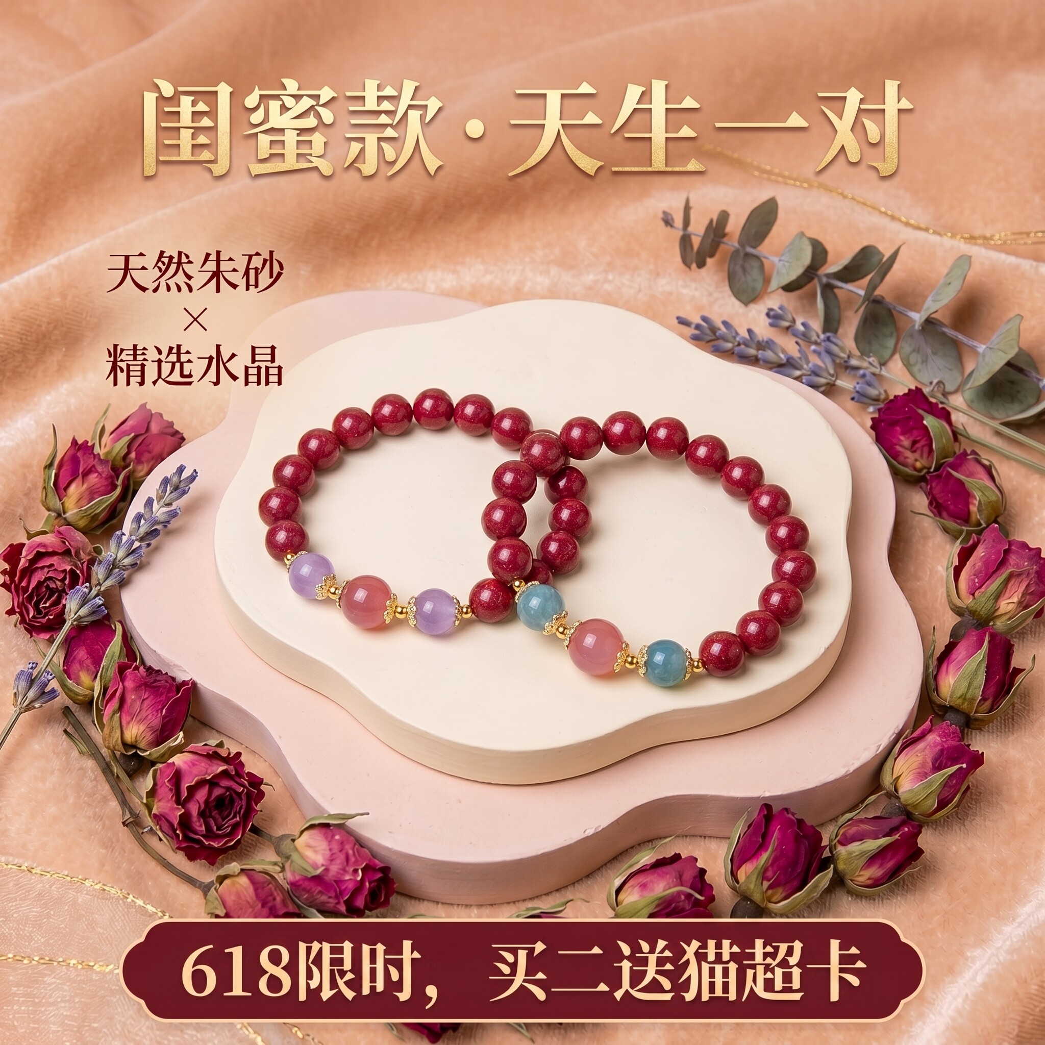 送女生礼物天然朱砂水晶手串图片