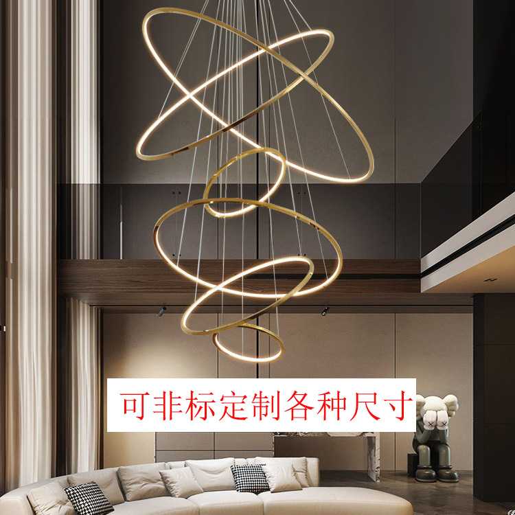 别墅客厅复式楼跃层挑空大吊灯电镀不锈钢金色轻奢loft中空楼梯灯