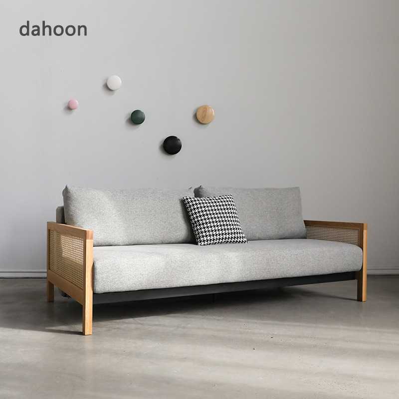 北欧实木编藤沙发侘寂风公寓小户型客厅多功能两用可折叠沙发床
