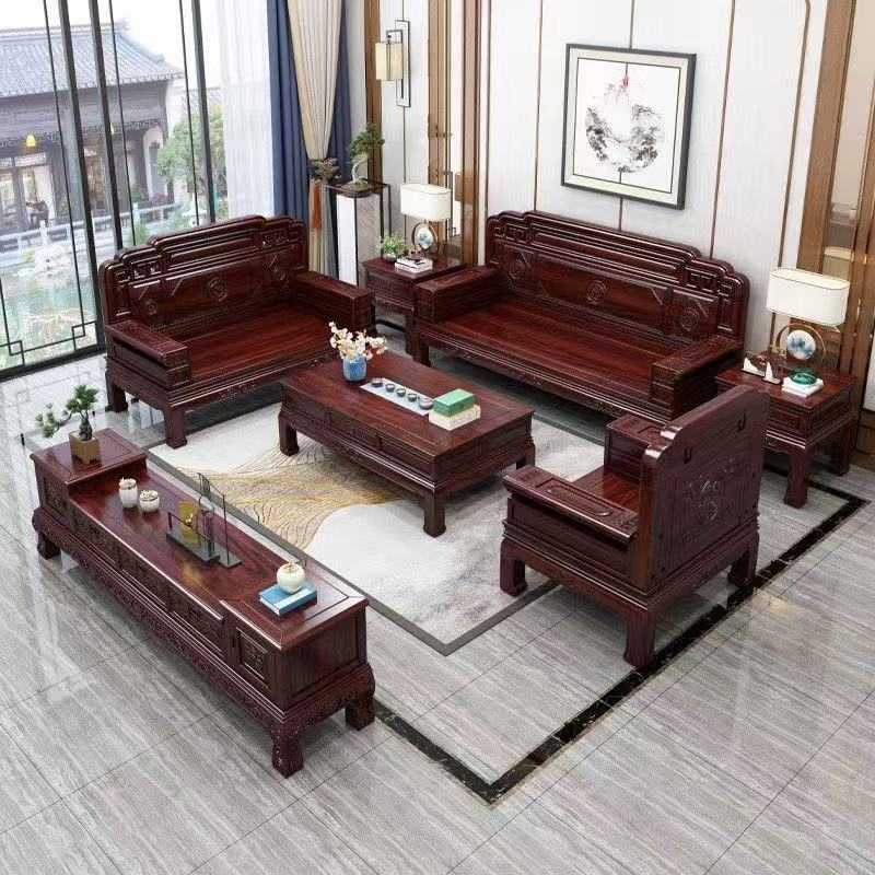 澳洲酸枝色实木沙发组合客厅新中式古典仿古雕花别墅冬夏两用沙发