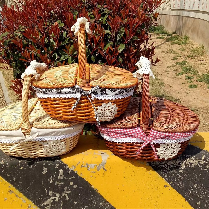 收纳篮野餐篮 藤编收纳筐 田园编织篮子 带盖手提鸡蛋购物水果篮