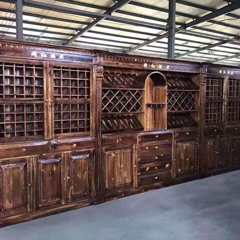 红酒柜中式复古木质柜子展示柜实木碳化木酒吧台客厅玄关柜酒架