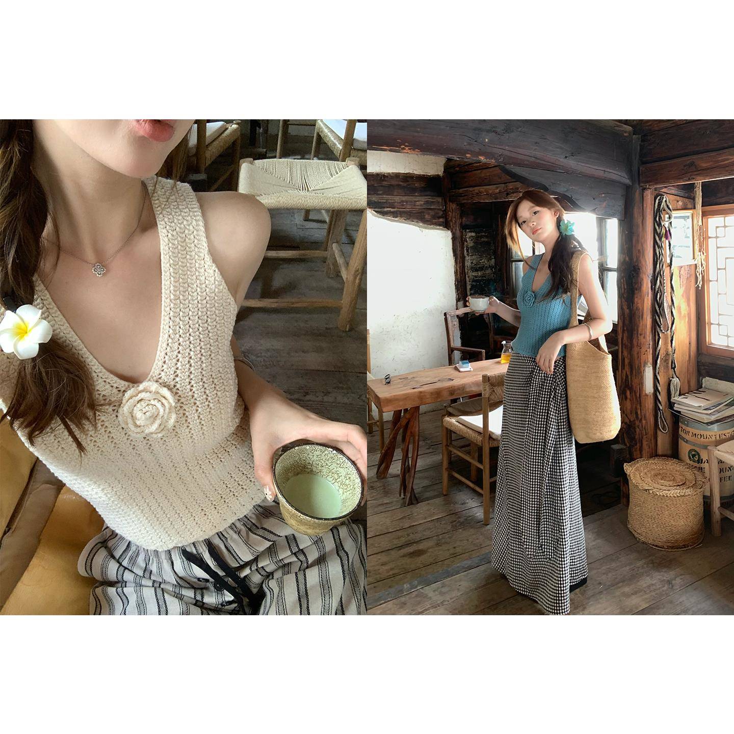 im向 山茶物语! 立体花V领波浪边针织吊带背心外穿＋格纹裙套装女