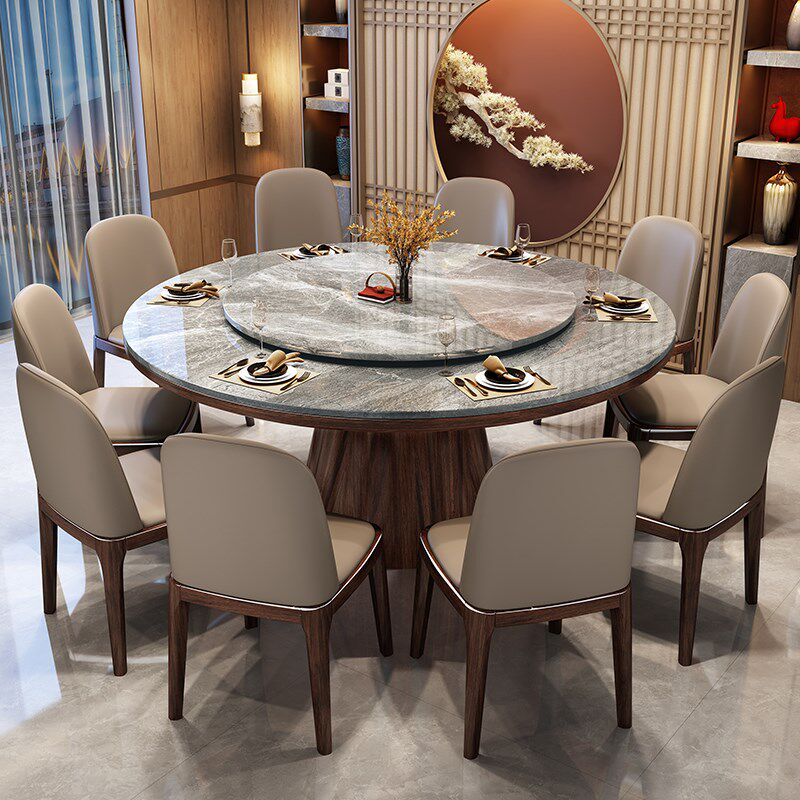 实木餐桌圆家用10人新中式乌金木色系饭桌2m米饭店大理石岩板圆桌