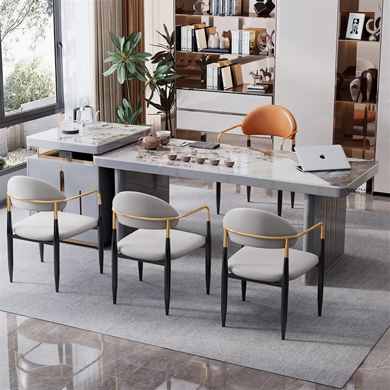 轻奢茶台岩板茶桌椅组合办公现代简约老板书桌一体两用可移动岛台